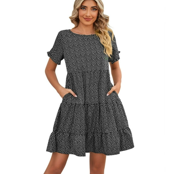 Baqcunre Summer Dress Women'S 2023 Casual Summer Crew Dress Square Neck Short Sleeve Tiered Ruffle Boho Swing Dresses Women'S Casual Dresses Midi Dress Black Dress L