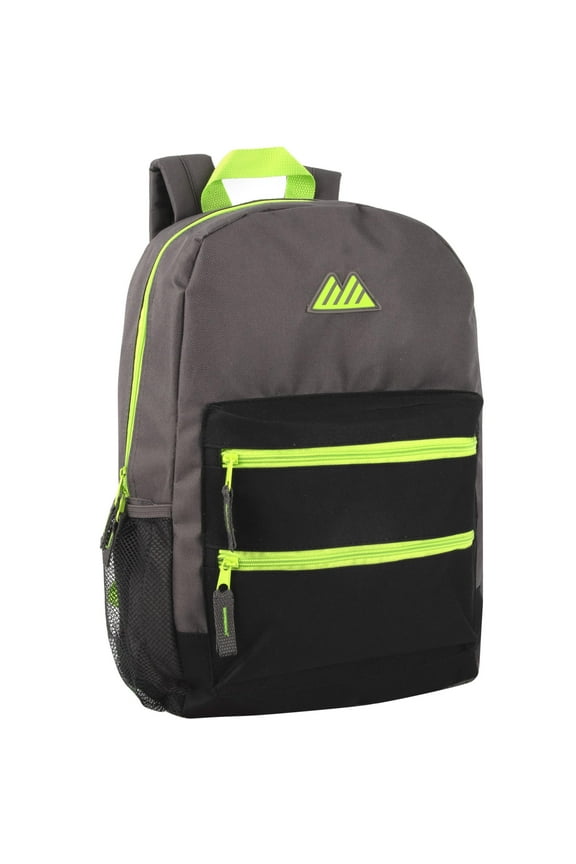 17 Inch Two Tone Color Multipocket Backpack with Pop Color Trim Accents and Zippers for Travel & Commuting in Charcoal Gray & Lime Green