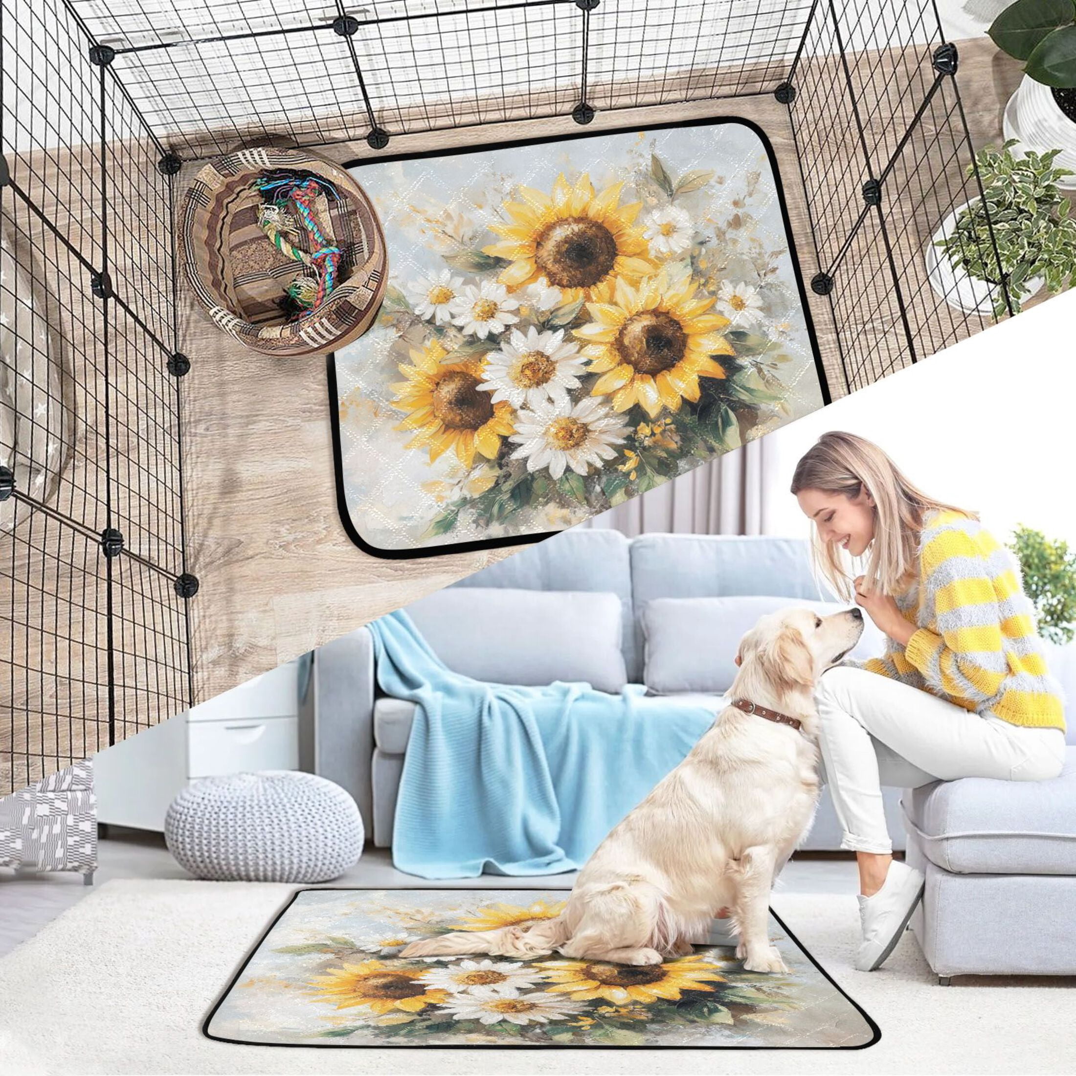 Qxltty Sunflowers and Daisies Cat litter Pads Pet Set of 2 Diaper Mats Center Anti-leakage Layer Absorbent Soft and Comfortable