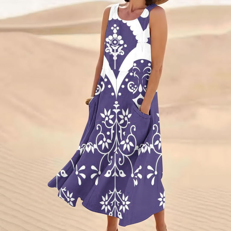 Enjoytime Womens Plus Size Summer Maxi Long Dresses Sleeveless Round Neck T  Shirt Dress Loose Flowy Boho Floral Beach Dress - Walmart.com