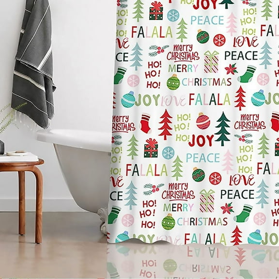 Colorful Christmas Shower Curtain for Kids Bathroom, Merry Xmas Ball Hanging Pine Tree Gift Bath Decorations, Love Peace Joy Holiday Bath Decor , Waterproof Cloth Curtain , Hooks Included
