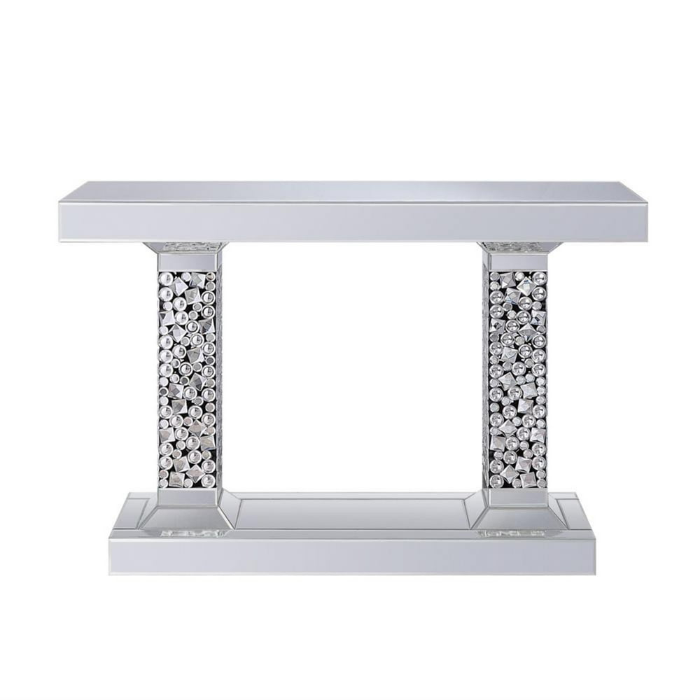 Wood and Mirror Console Table with Two Pedestal Base, Clear and Black