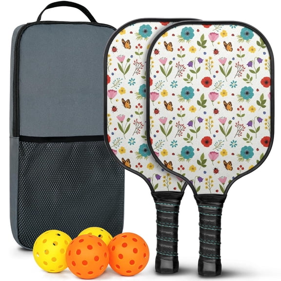 Pickleball Paddles Set,Pioneer Flower Floral Print Pattern Fiberglass Surface Pickleball Racket Set with 2 Indoor Outdoor Pickleball Balls and Pickleball Bag,Pickle-ball Equipment