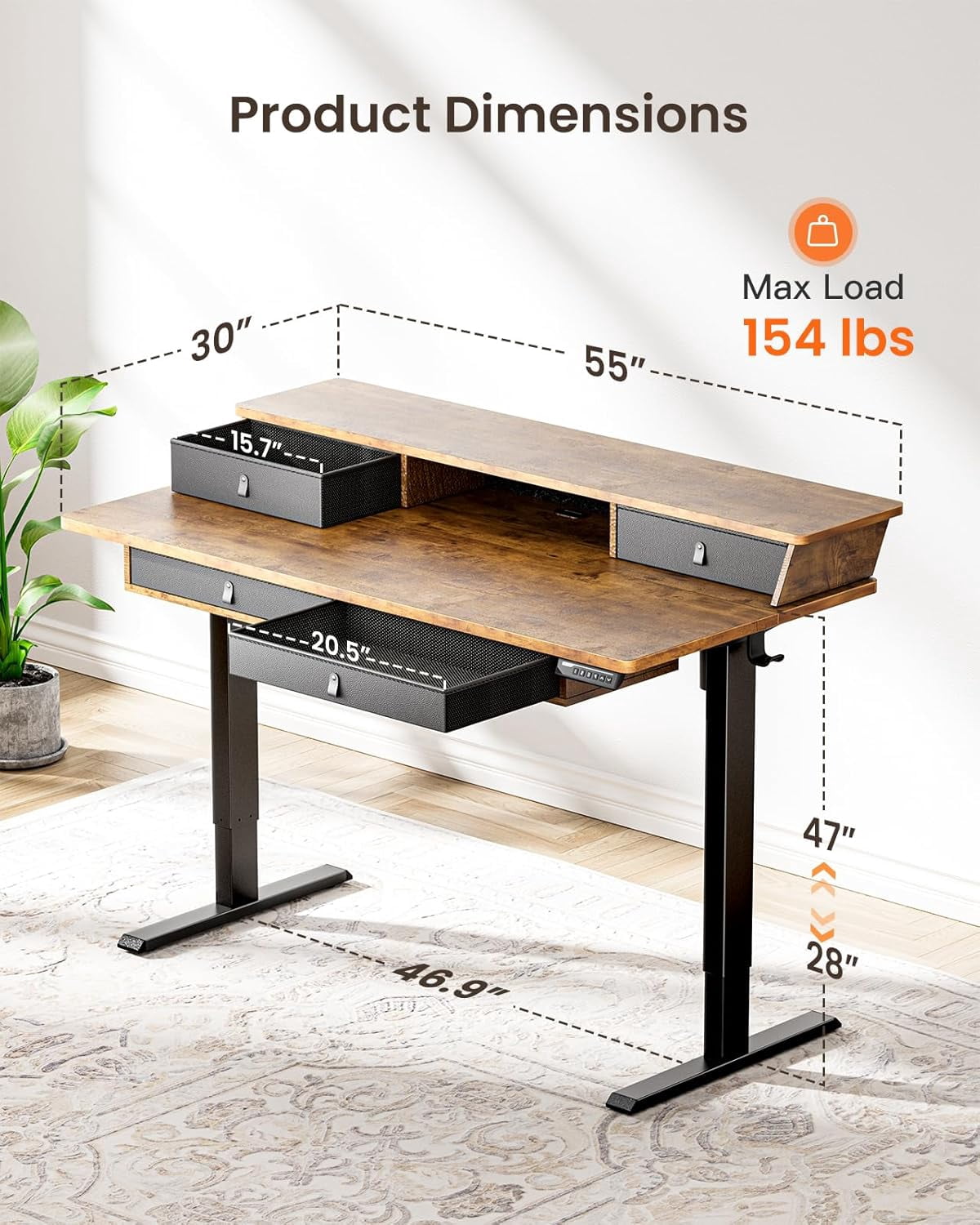 CHITOOMA 55″ x 30″ Standing Desk with Drawers, Electric Height Adjustable Sit Stand Desk with Storage Shelf, 4 Memory Preset Computer Desk with Cable Management Tray for Home Office, Brown