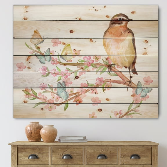 Designart 'Lovely Bird Sitting On Branch of Sakura With Butterflies' Traditional Print on Natural Pine Wood