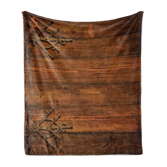 Rustic Soft Flannel Fleece Blanket, Antique Backdrop with Carved Dated Gothic Style Ornaments Retro Fashioned Picture, Cozy Plush for Indoor and Outdoor Use, 70" x 90", Dark Rosewood, by Ambesonne
