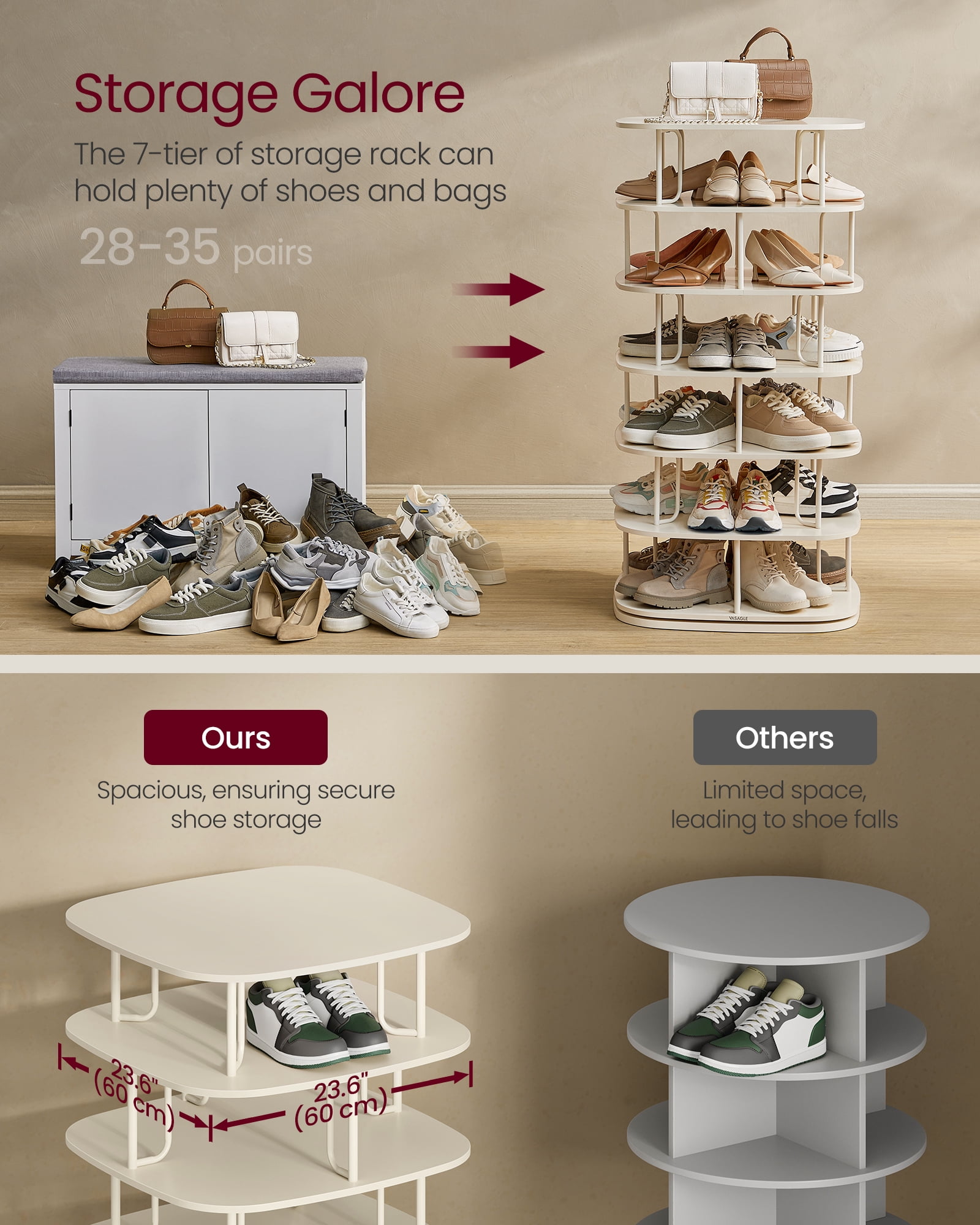 7-Tier Rotating Shoe Rack, 360° Spinning Shoe Organizer Tower for 28-35 Pairs, Sturdy Shoe Shelf for Entryway, Living Room, Closet