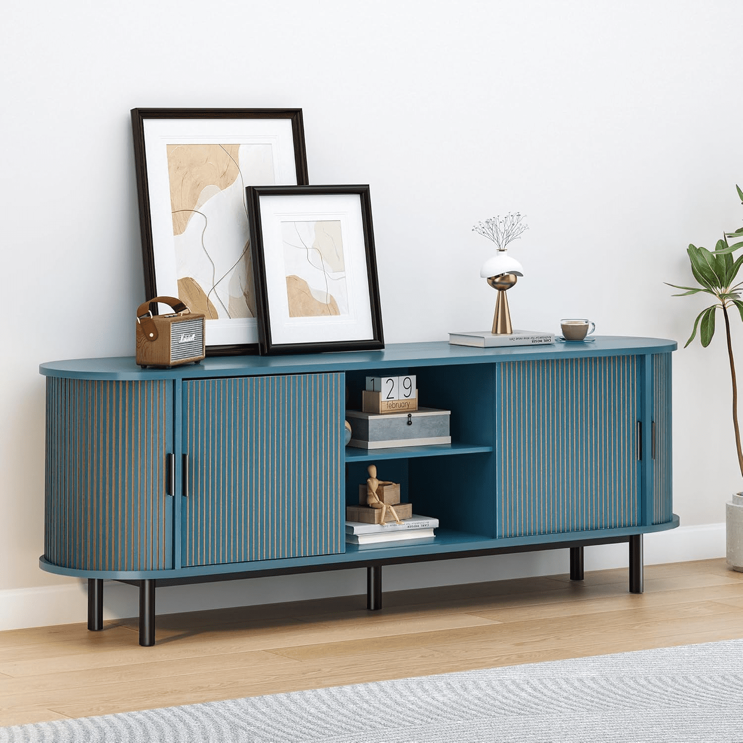 LEFHDA 62" TV Stand, Storage Cabinet and Entertainment Center with Tambour Door, Mid Century Modern TV Stand for Living Room, Modern TV Console Table for 65/70 Inch TV (Blue)