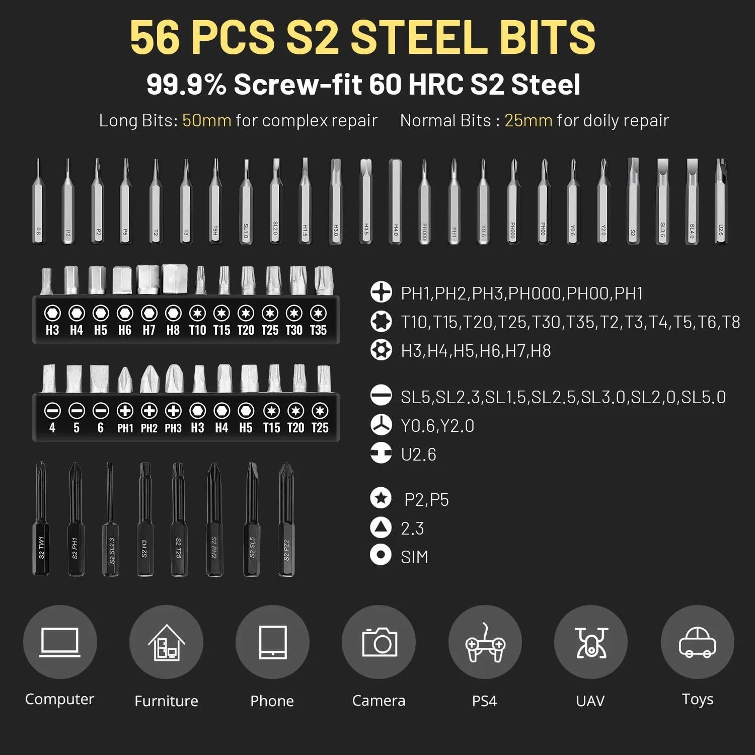 STORGENER Mini Electric Screwdriver,56-Bit Magnetic Precision Set with LED Light to Tackle Any Project from Watches to Laptops