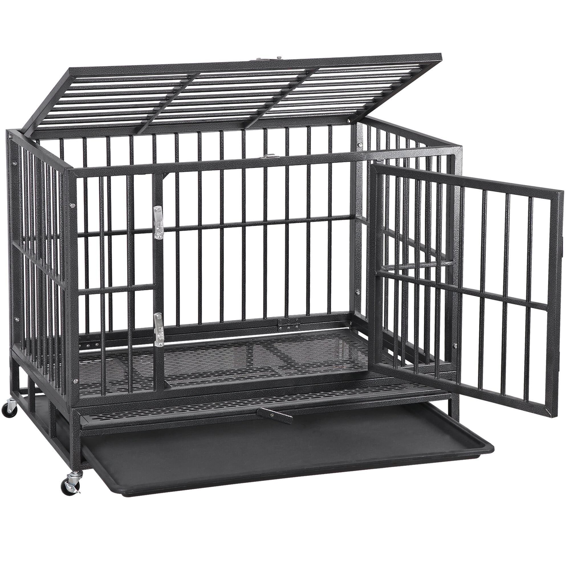 SuperDeal Heavy Duty Pet Dog Cage Strong Metal Crate Kennel Playpen with Wheels and Tray