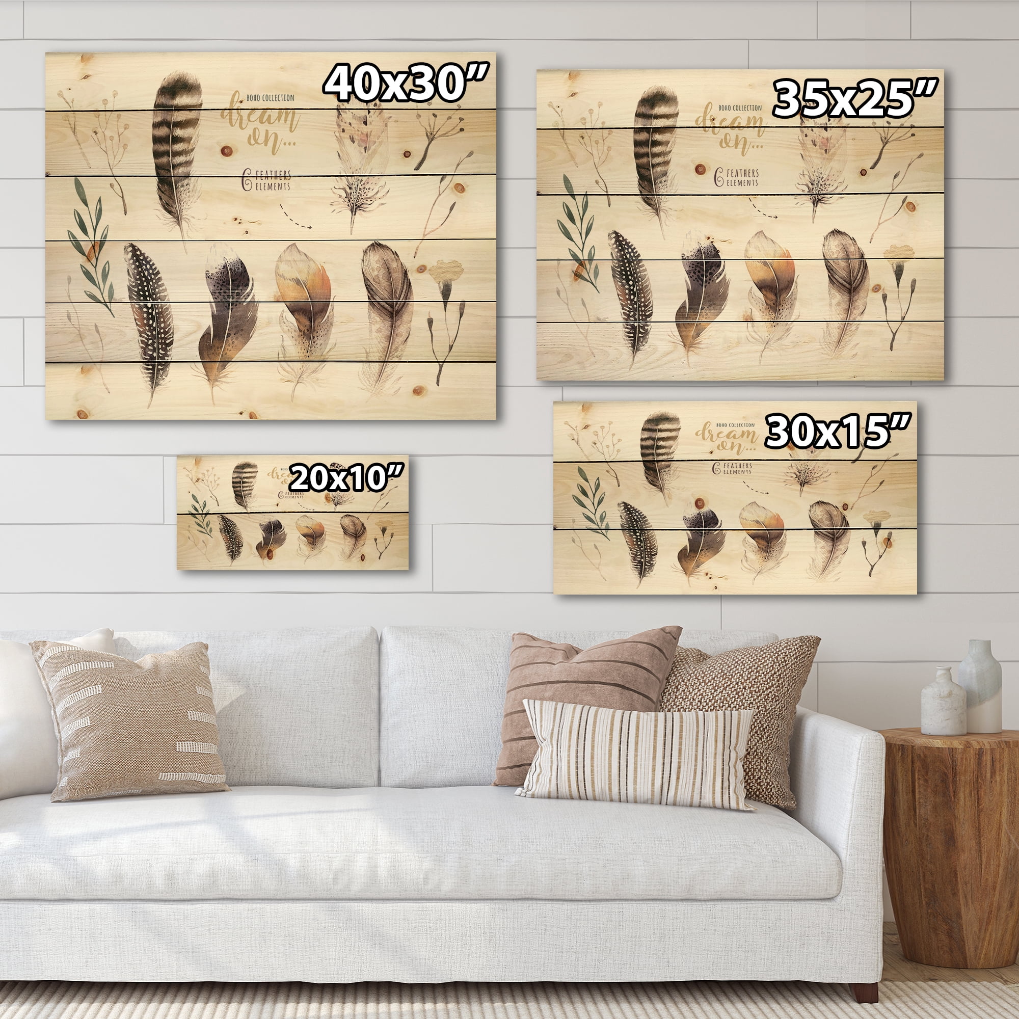 Designart 'VIbrant Orange Boho Feathers' Bohemian & Eclectic Print on Natural Pine Wood