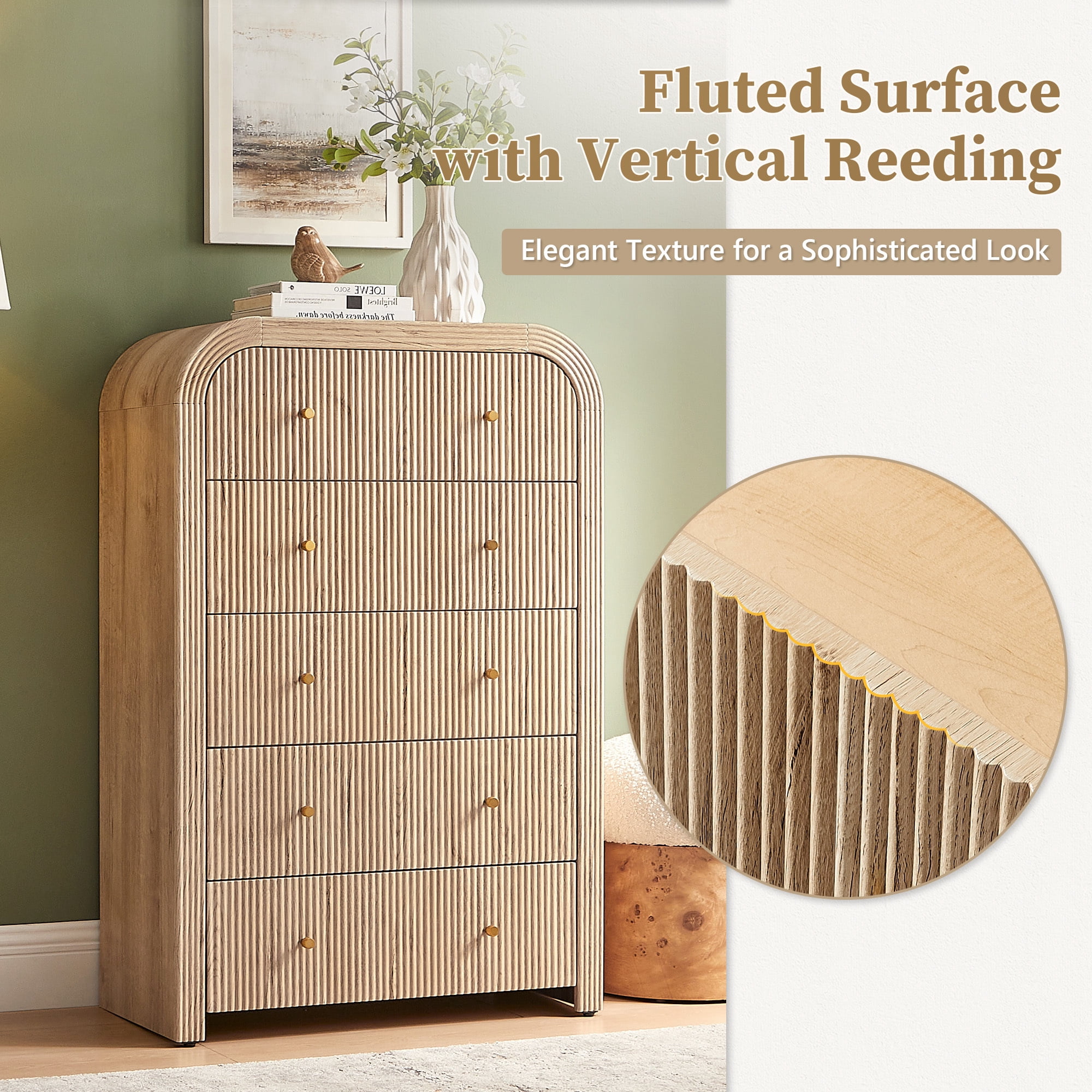 KeyWhat Modern 5-Drawer Dresser, 48" Fluted Tall Chest of Drawers with Curved Profile and Metal Handles, Wood Storage Cabinet for Bedroom, Living Room and Hallway, Natural Oak