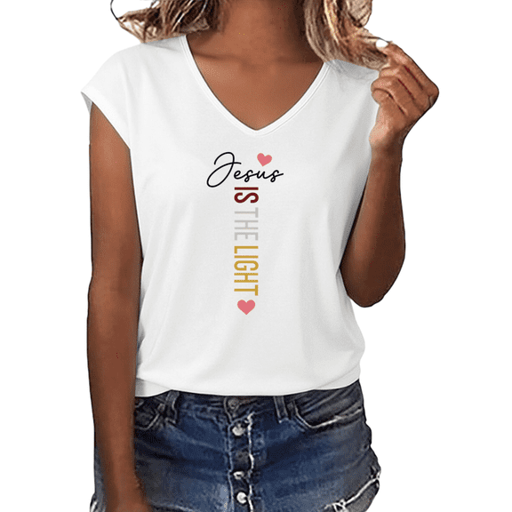 UNISHE Women's Jesus Is The Light Christian Graphic V-Neck Short Sleeve T-Shirt Faith-Inspired Casual Tee
