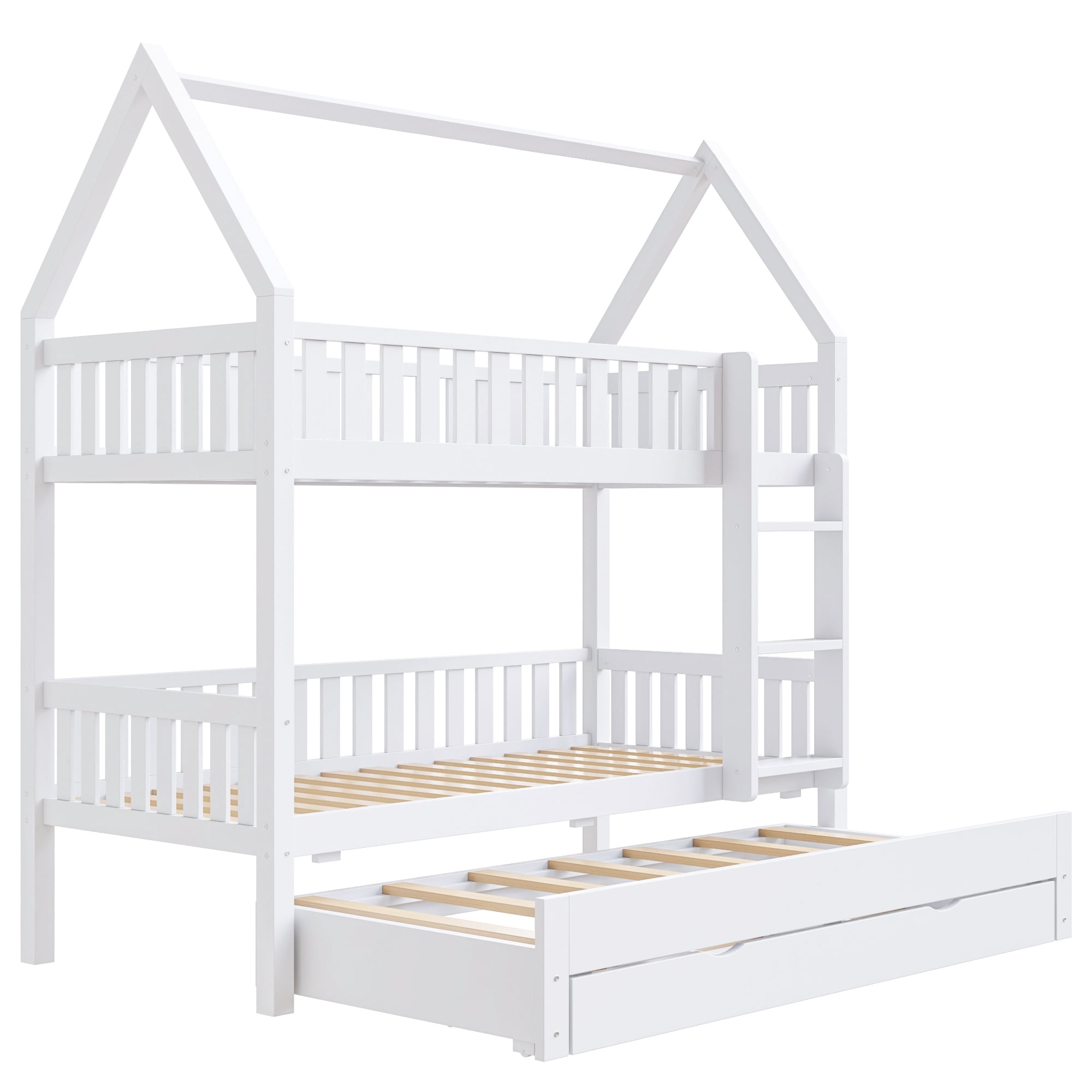 Euroco Wood Twin over Twin Bunk Bed with Trundle and Drawers, White