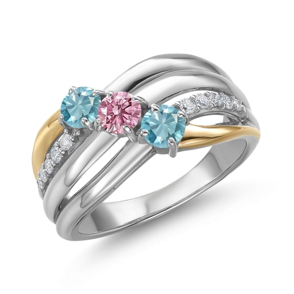 Gem Stone King 925 Silver and 10K Yellow Gold Blue Zircon and Pink Lab Grown Diamond Engagement Ring for Women | 1.40 Cttw | Round 4MM | Birthstone | Size 8