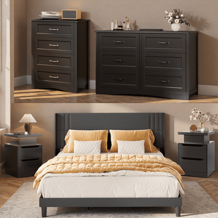 Bedroom Set - Includes Lift Up Storage Full Size Bed Frame (Dark Gray), Nightstands with Charging Station, 4-Drawer Dresser & Double Wide 6-Drawer Dresser - Modern Storage Solution for Home
