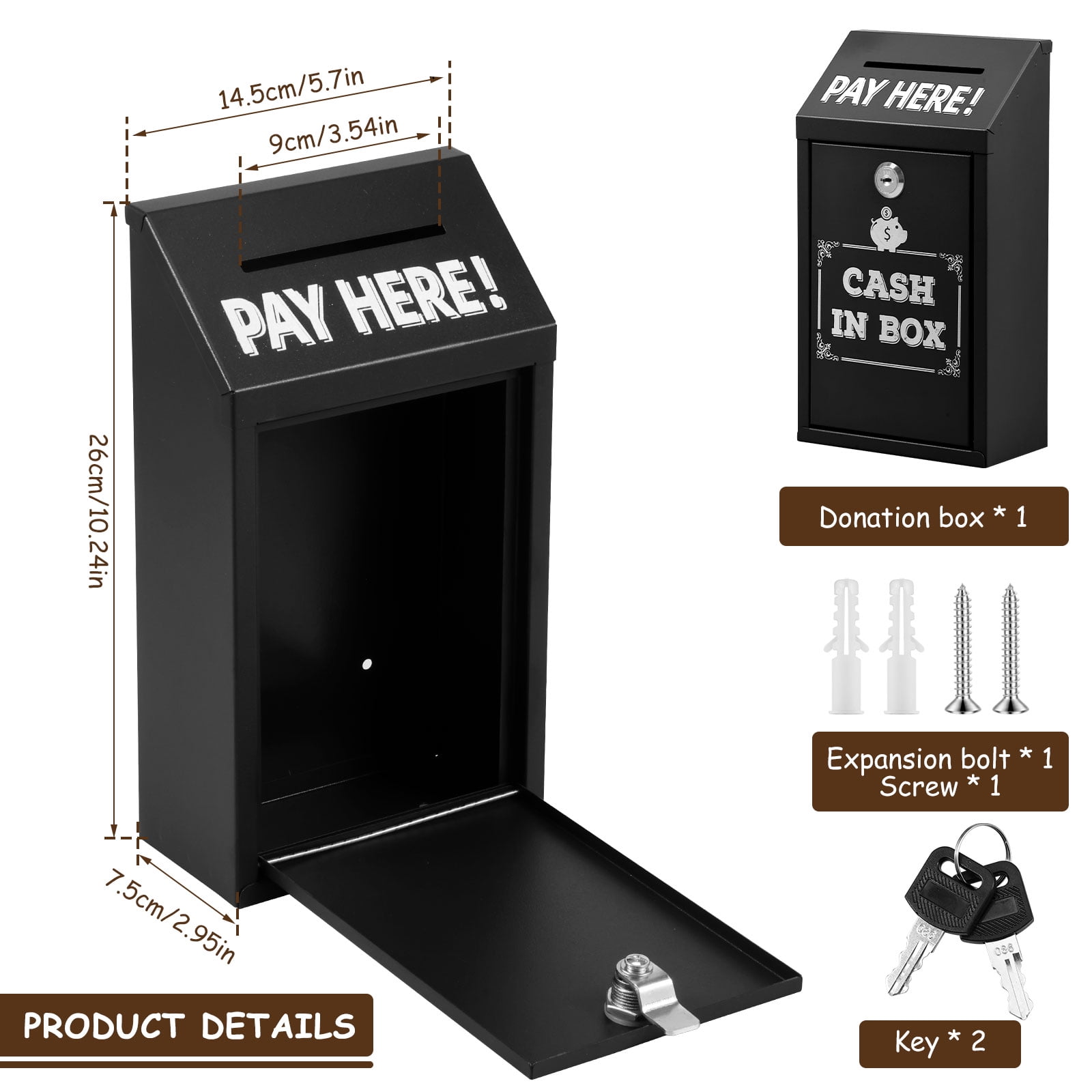 Metal Donation Box with Key Lock Rustproof Cash Drop Box with Top Slot Wall Mounted with 2 keys for Business Home Office Outdoor