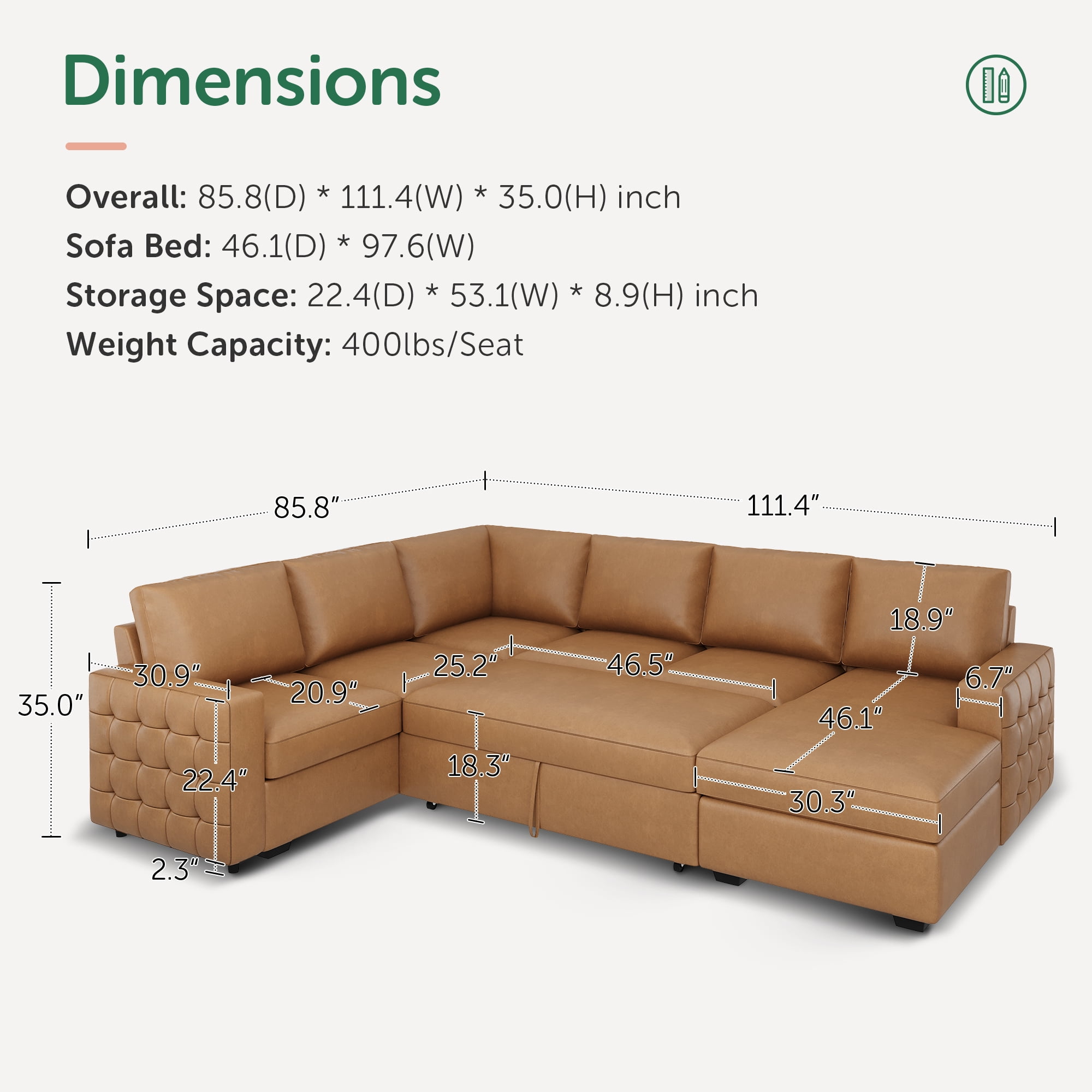Marrber U Shaped Sectional Sleeper Sofa with Convertible Pull-Out Sofa Bed and Storage Chaise for Living Room, Faux Leather Brown