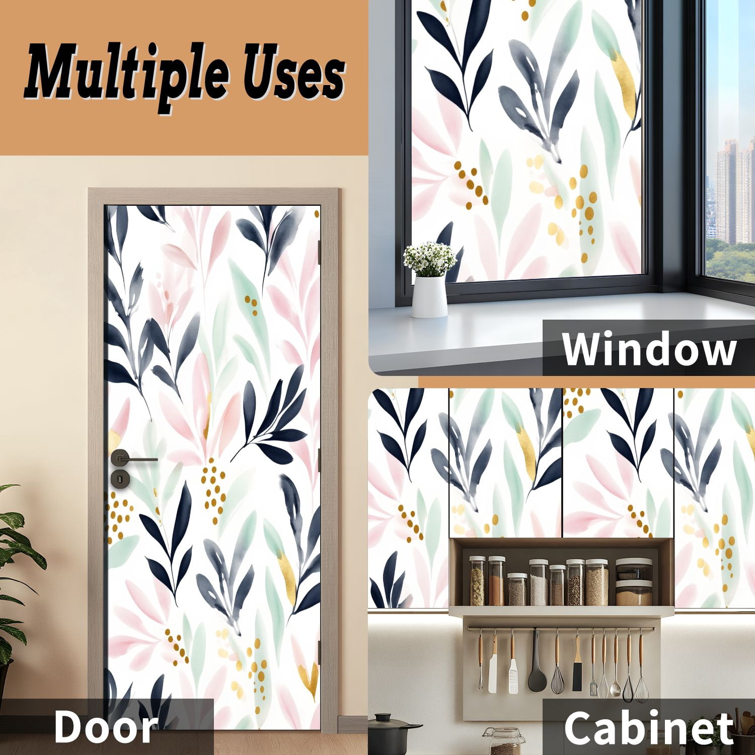 Self Adhesive Vinyl Refrigerator Wrap Set Modern Botanical Watercolor Pink Gold Mint Navy Leaves Door Mural Removable Fridge Sticker Peel and Stick&nbsp;Full Door Cover Decal Kitchen Bar Decor