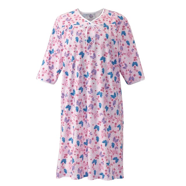 Silverts Women Open Back Knit Hospital Gown, S, Pink Butterfly
