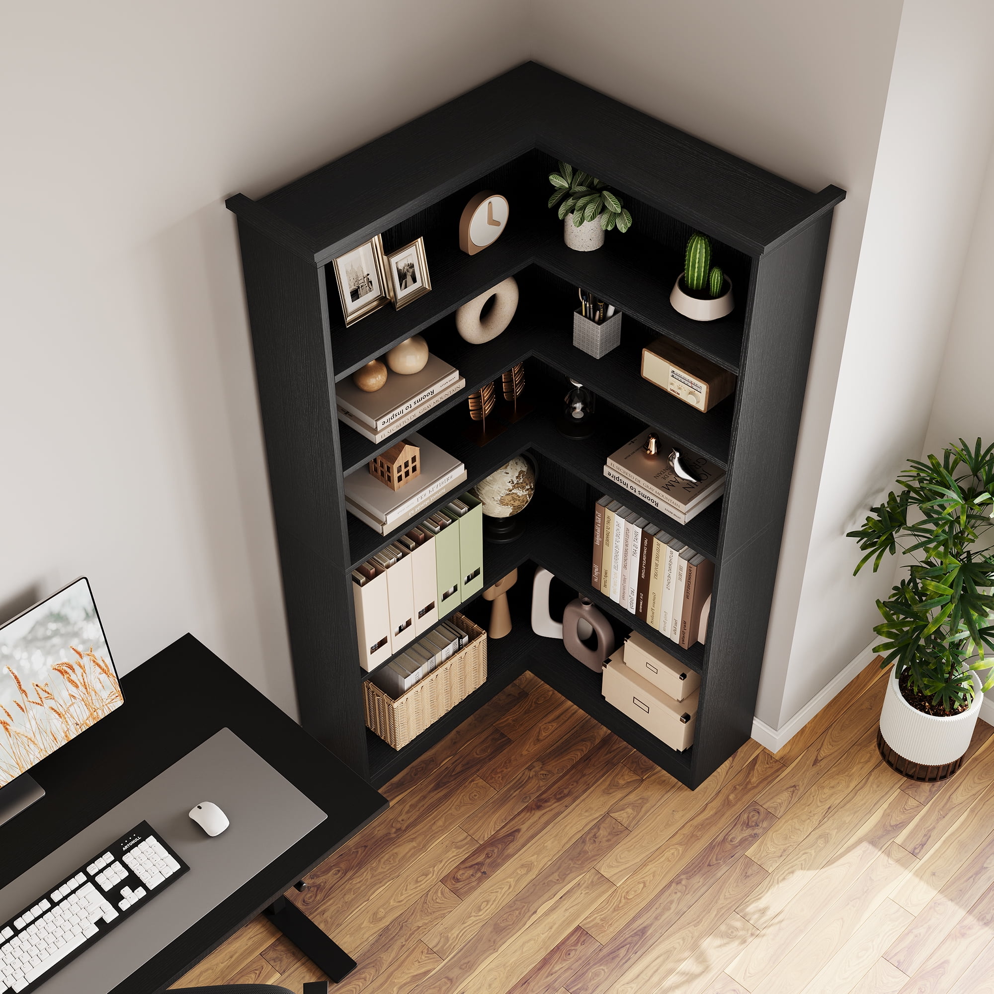 AOILE 72.8" Farmhouse Corner Bookshelf, 5-Tier L-Shaped Bookcase with Storage - Tall Display Shelf for Living Room, Office, Bedroom