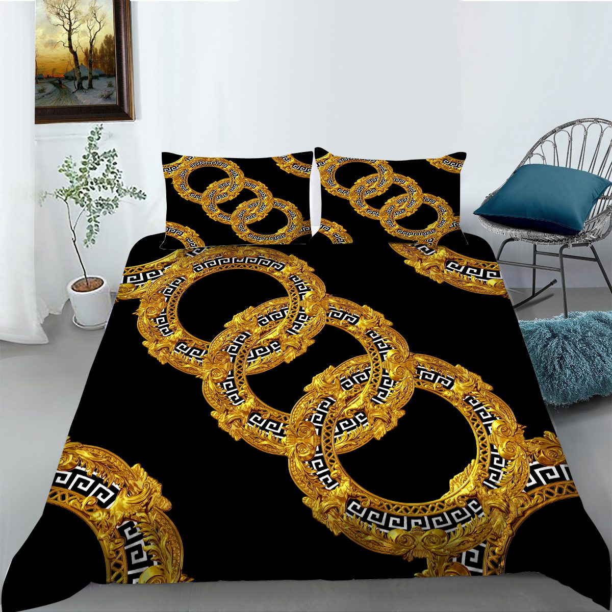 Gold Pattern Luxury Microfiber Duvet Cover, Modern Style Bedding (black
