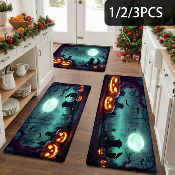 3PCS Kitchen Mat set, Welcome Door Flannel Rug,Home Decor for Front Door,Kitchen, Bathroom, Halloween Pumpkins And Ghosts Design ,Great gift for Family and Friends.
