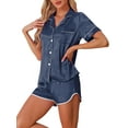 thumbnail image 4 of Pijamas de satén para mujer INSPIRE CHIC, conjuntos de lounge de 2 piezas con blusa de manga corta y pantalones cortos, color azul marino, 4 of 6