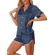thumbnail image 4 of Pijamas de satén para mujer INSPIRE CHIC, juego de 2 piezas con blusa de manga corta y pantalones cortos, XL, color navy, 4 of 6