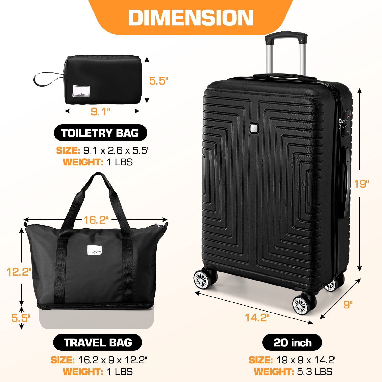 COBIZI Luggage Sets 5 Piece, ABS+PC Hard Shell Suitcases with Wheels, TSA Aproved Lock and Carry on Bags, Travel Suit Case Set for Men and Women, (5-Piece, Black)