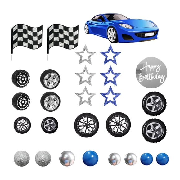 Artículos para fiestas de autos de carreras azules, decoración para tartas con bandera a cuadros y diseño de neumáticos para cumpleaños.