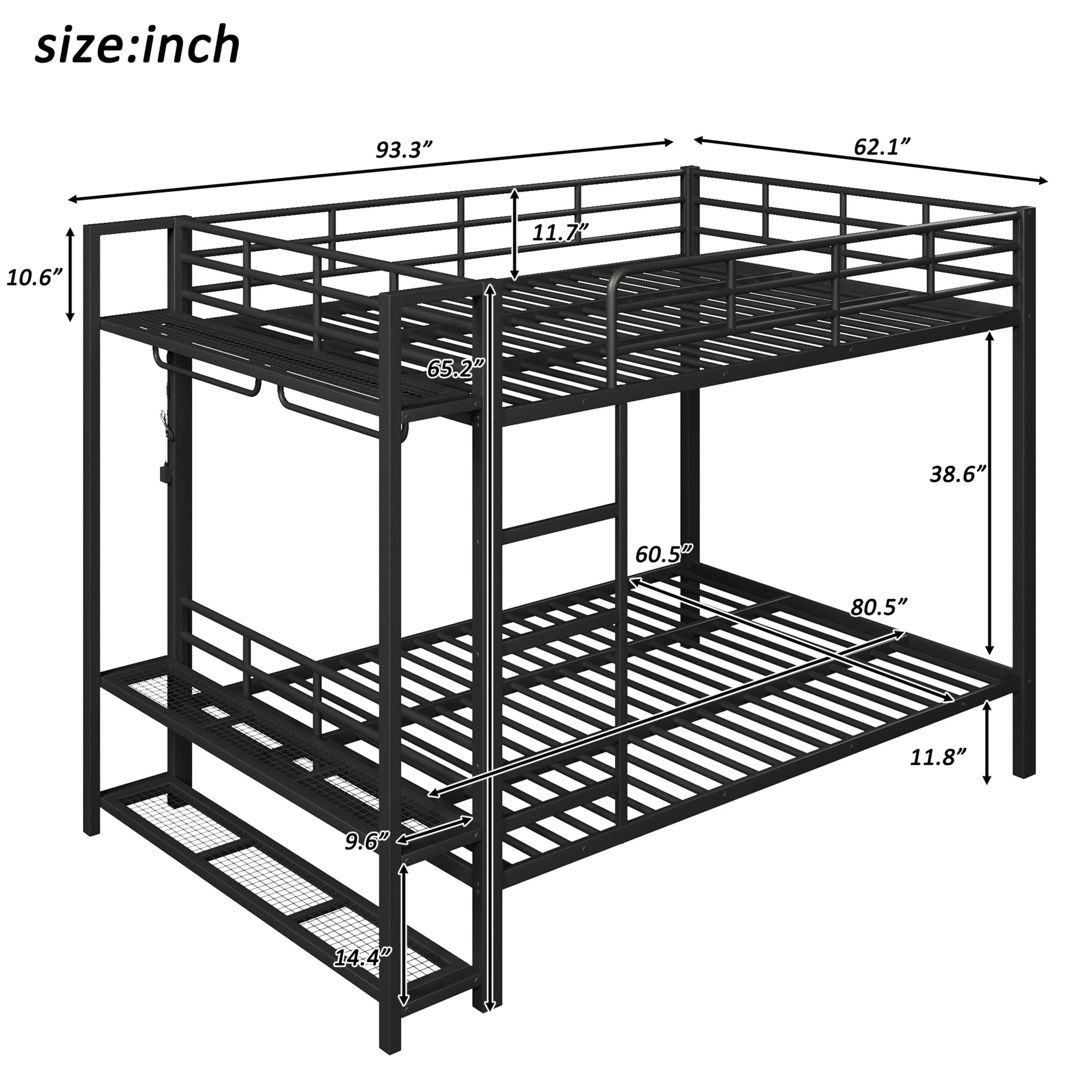 Noble House Queen Size Metal Bunk Bed with LED Lights, Mesh Storage Shelves and Clothes Hooks, Black