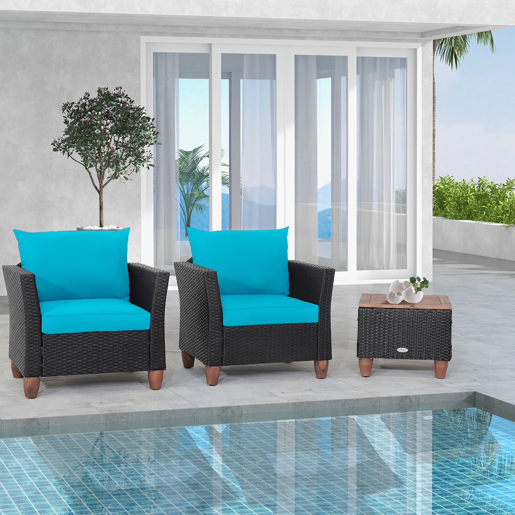 Gymax 3PCS Patio Rattan Conversation Set Outdoor Furniture Set w/ Turquoise Cushions