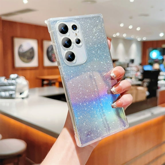 SaniMore for Samsung Galaxy S23 Ultra Case, Glitter Gradient Full Camera Lens Protection Luxury Plating Cute Bling Clear Shockproof Slim Phone Cover Shockproof Bumper for Women Girls, Purple
