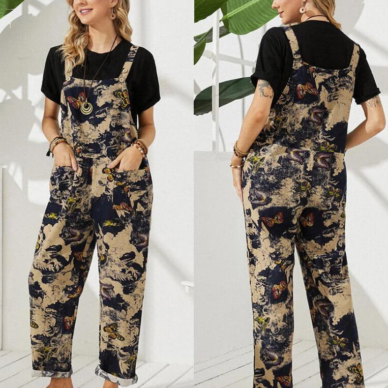 Womens Summer Suspender Jumpsuit Ethnic Style Patchwork Landscape Floral Graphic Buttons Trousers Romper Wide Leg Pant 