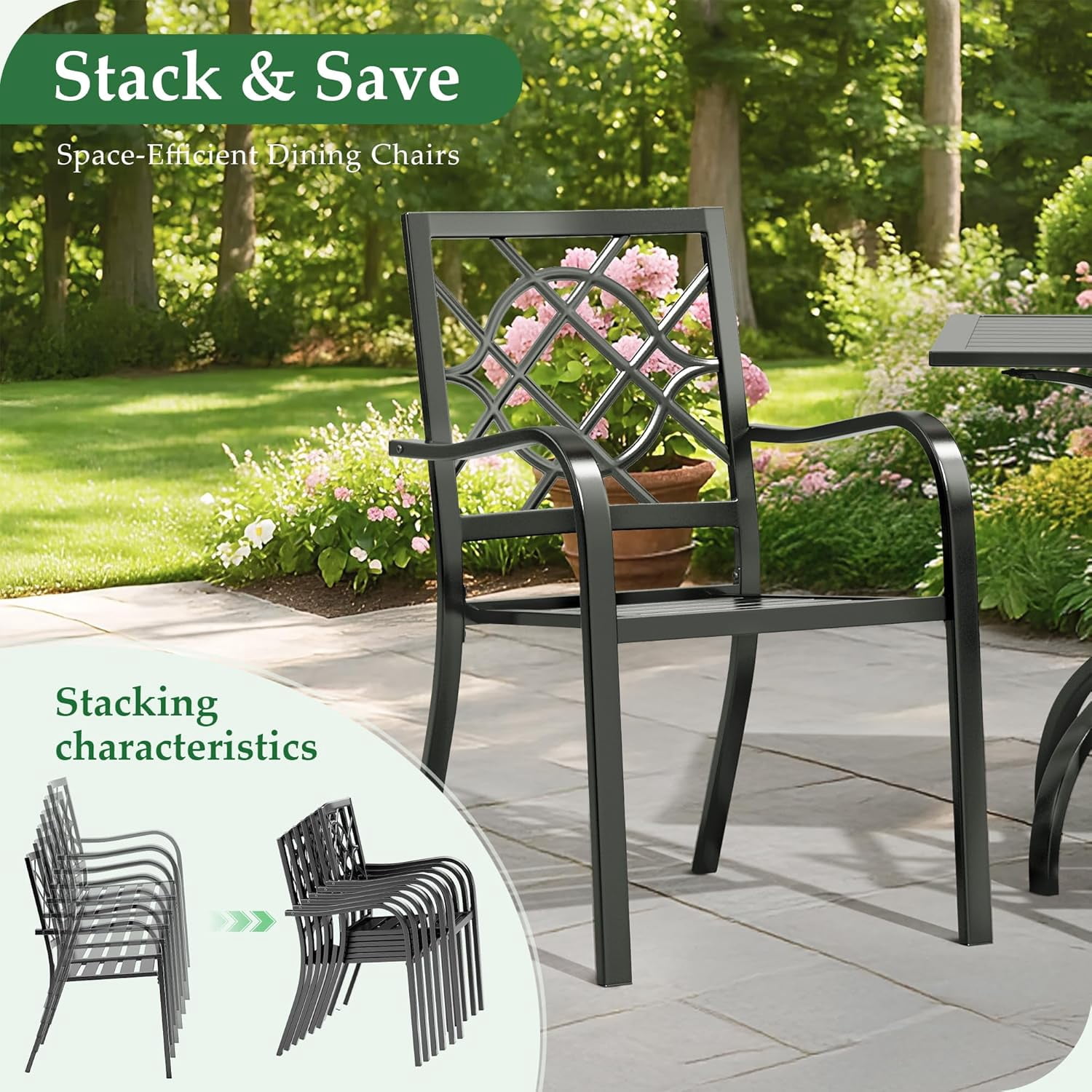SOLAURA 7 Piece Outdoor Patio Dining Set, Metal Furniture Set Rectangular Dining Table with Umbrella Holes & 6 Stackable Backyard Garden Chairs