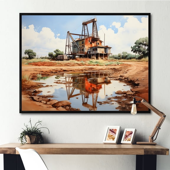 Designart "Oil Rig in Texas Beige" Oil Rigs / Fields Floater Framed Wall Art Living Room