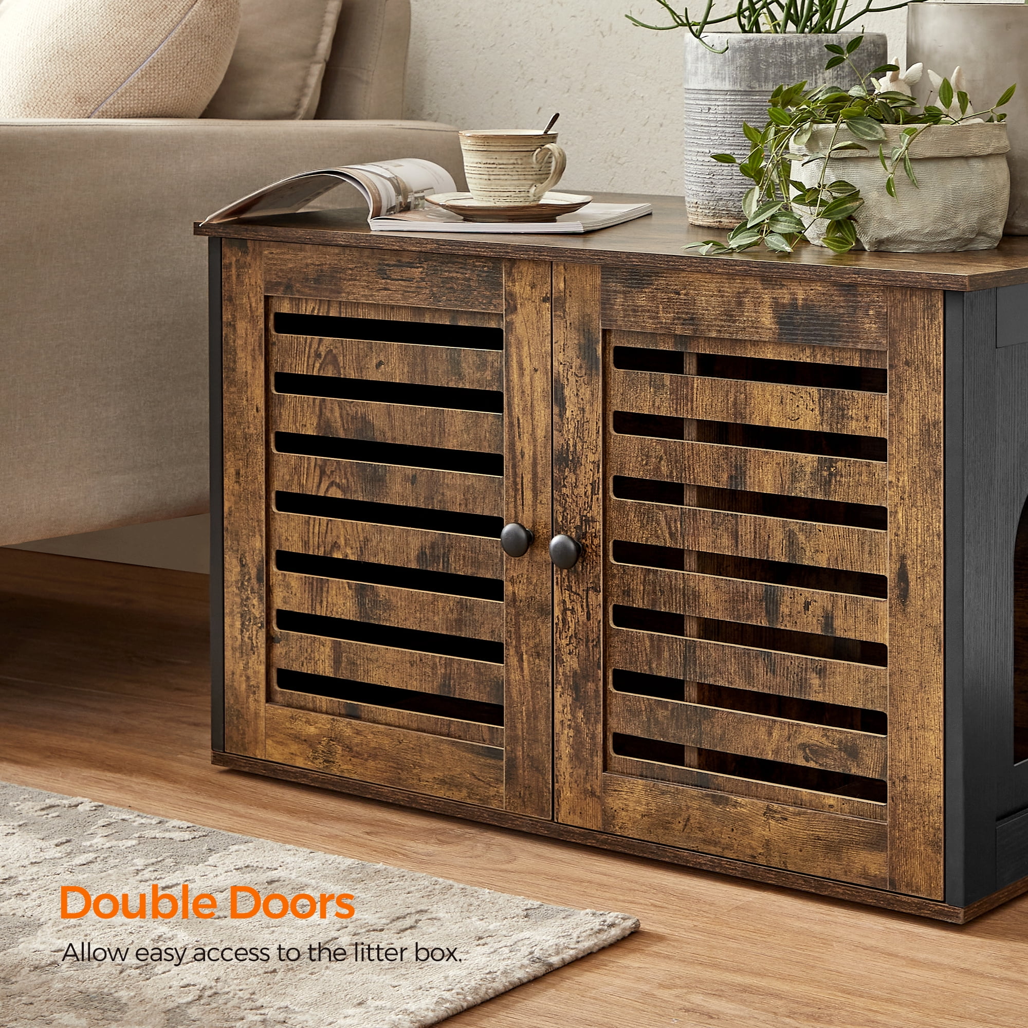 FEANDREA Cat Litter Box Enclosure with Removable Divider, Indoor Cat House, End Table with 2 Shutter Doors, 31.5 x 20.9 x 19.4 Inches, Rustic Brown and Black