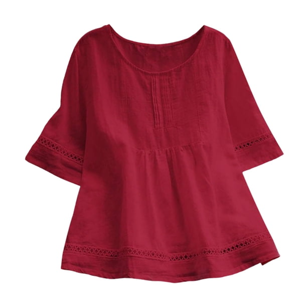 Top de mujer con cuello redondo y manga media - Camiseta lisa con costuras huecas - Tejido suave y elástico, informal/playa/fiesta, lavar a mano en frío