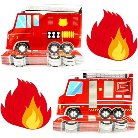 100Pcs Firetruck Birthday Party Plates and Fire Shaped Napkins Fireman Party Supplies Firefighter Disposable Paper Dinnerware Firetruck Tableware Set for Flame Birthday Baby Shower Decor