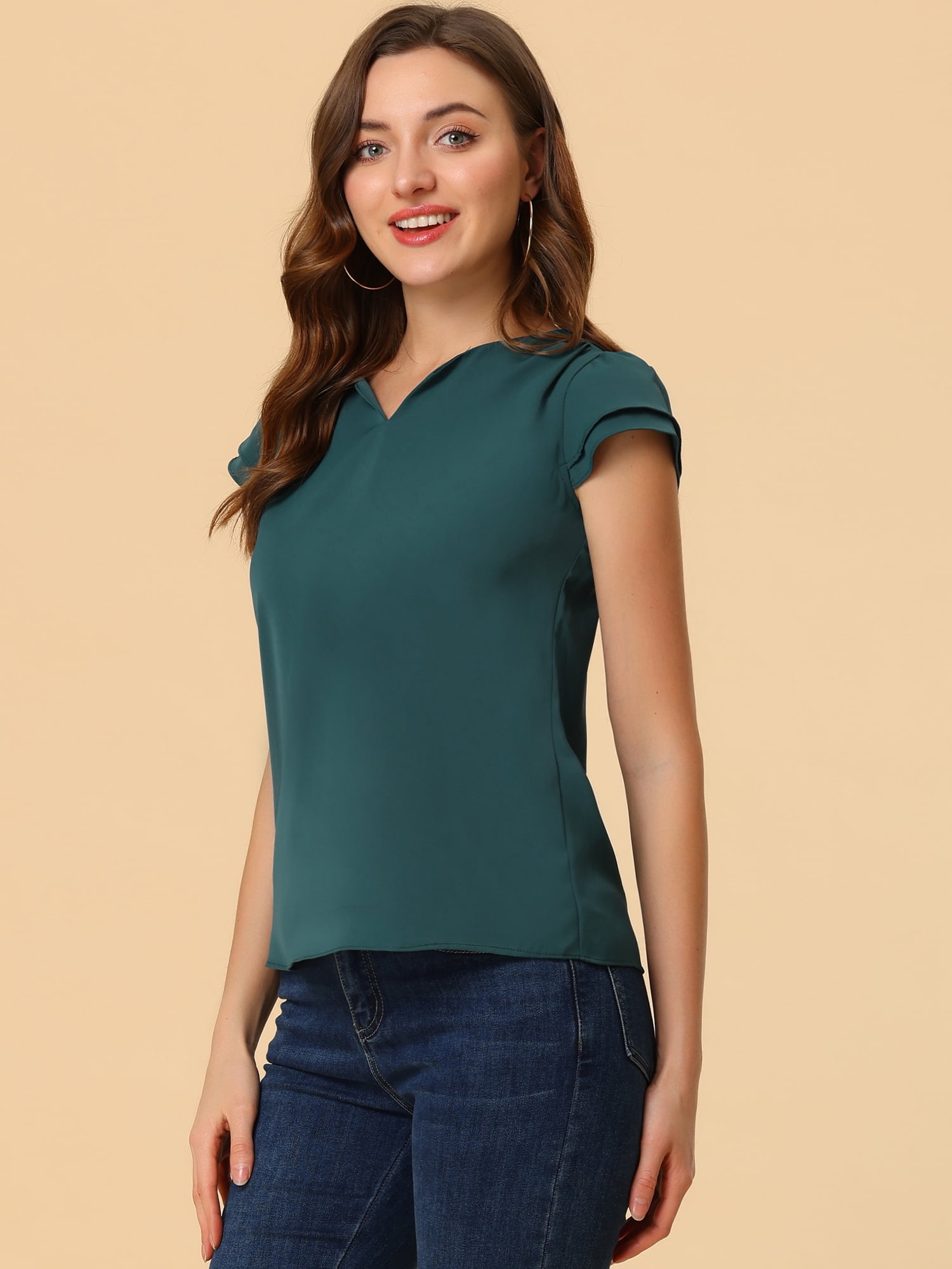 DARING DIVA Women's V Neck Casual Solid Cap Blouse Top XS Deep Green