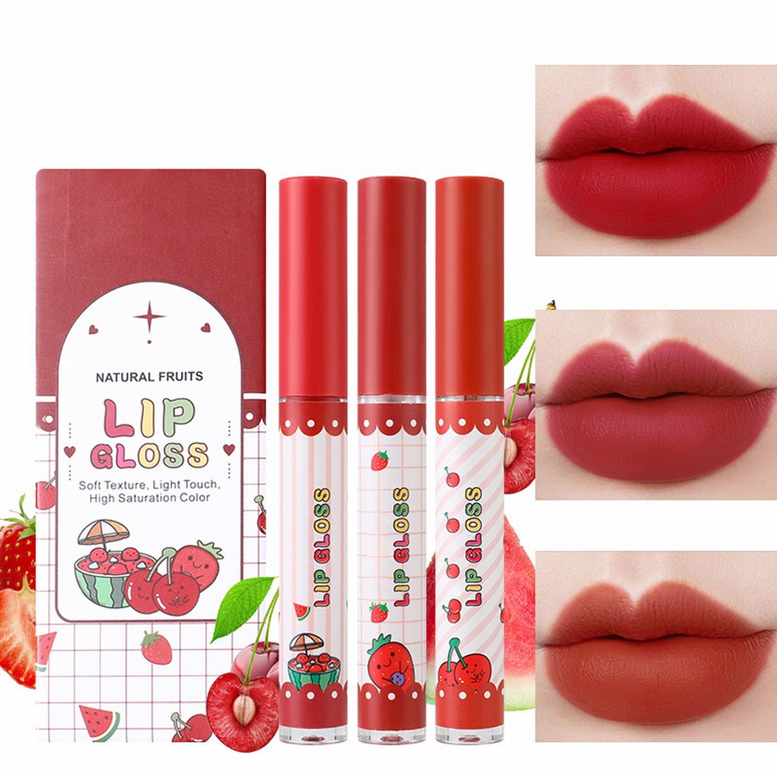 CAKVIICA Velvet Pink Lip Glaze Non Stick Cup Three Fruits Set Lip Gloss ...