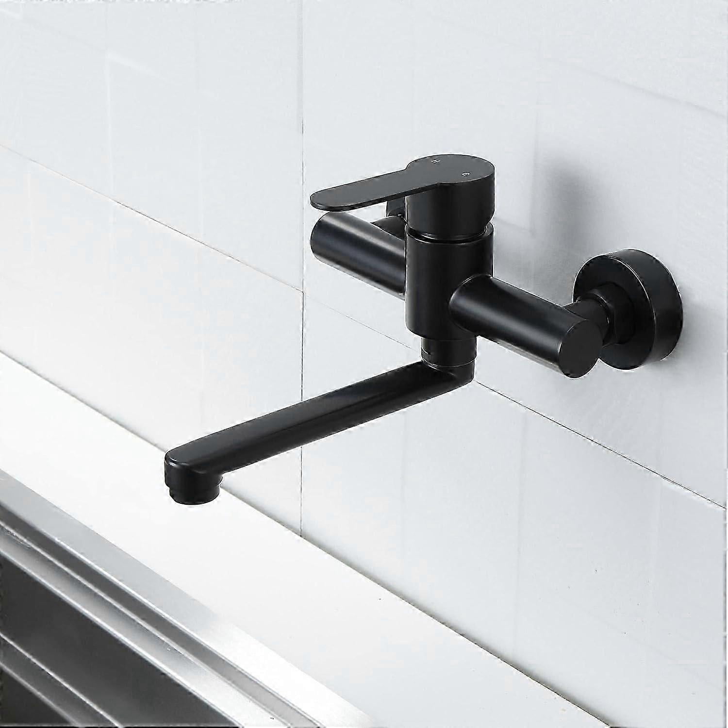 Wall Mounted Kitchen Faucet 304 Stainless Steel Sink Mixer Tap 360 Rotatable Sink Faucet with Black Spout