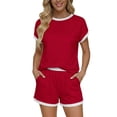 thumbnail image 3 of 2 Piece Sets for Women Summer Breathable Cap Sleeve Crew Neck T Shirt Lounge Short Sets with Pocket Summer Red S, 3 of 6
