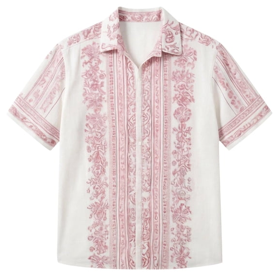 FINALGANG Mens Vintage Floral Print Short Sleeve Button Down Collared Shirt Casual Loose Fit Hawaiian Shirt For Beach Vacation Daily Streetwear Pink L