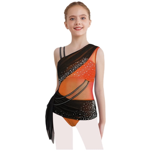 Sholeno Kids Girls Ballet Gymnastics Leotard Rhinestones Mesh Color Block Figure Skating Dance Bodysuit Orange 14
