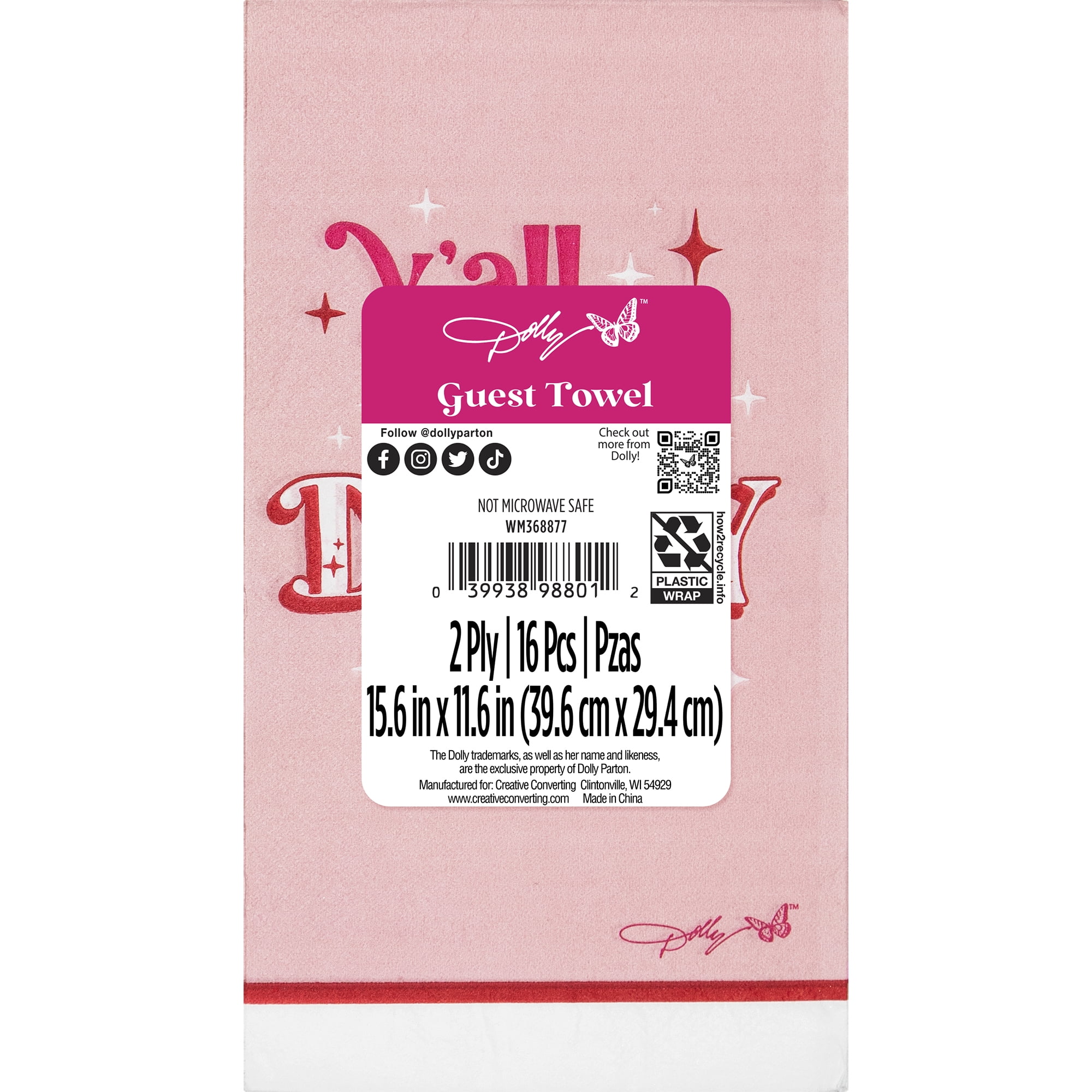Dolly Parton Pink and Silver Foil Ya'll Need Dolly Guest Towels 16 Count