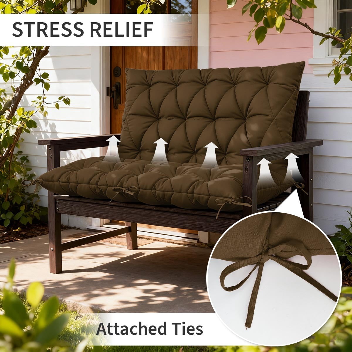 Pakunoda Porch Swing Cushions 47” X 40” X 5”, 2-3 Seater Bench Cushion with Backrest, Waterproof Replacement Outdoor Cushion with Tie, Chocolate