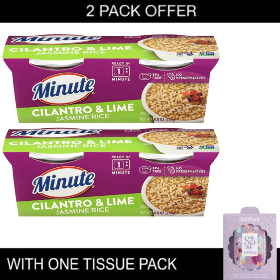 2x Minute Ready-to-Eat Cilantro and Lime Jasmine Rice, Microwaveable Rice Cups, 4.4 oz, 2 Count with tissue pack
