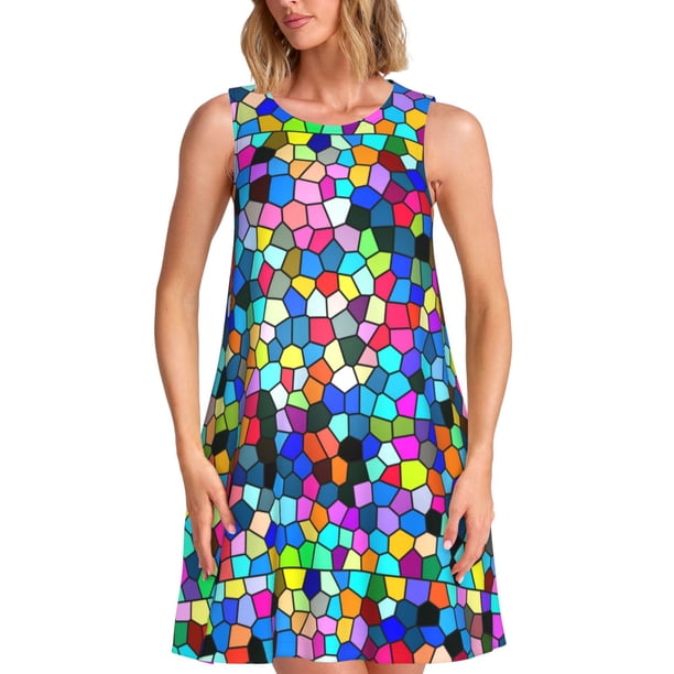 Balery Colorful Tie Dye Stained Glass 2 Vestidos de verano para mujer con estampado: vestido holgado sin mangas, vestido playero informal y cómodo para días calurosos.
